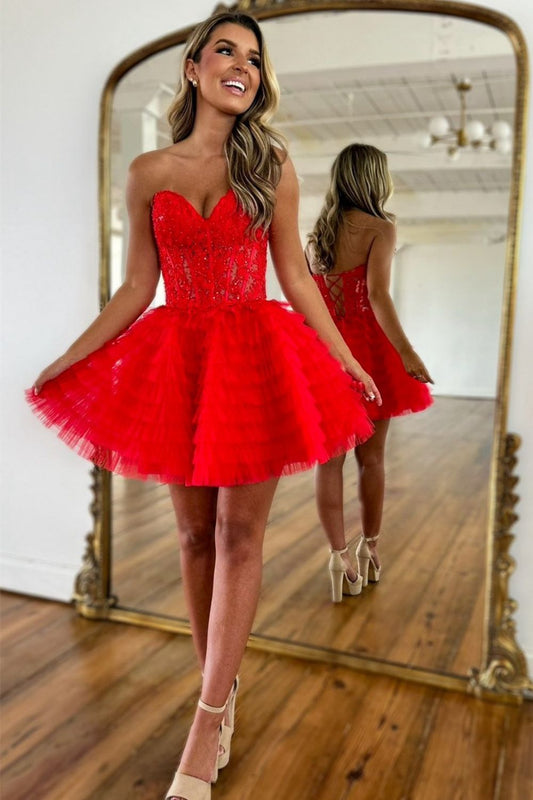 Red A-Line Sweetheart Homecoming Dress with Lace Up Back and Short Tulle Skirt