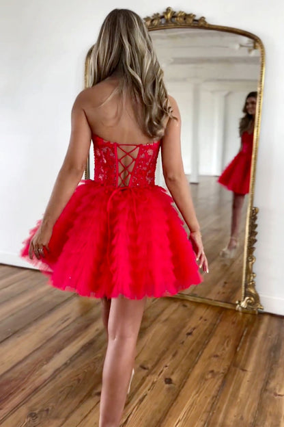 Red A-Line Sweetheart Homecoming Dress with Lace Up Back and Short Tulle Skirt