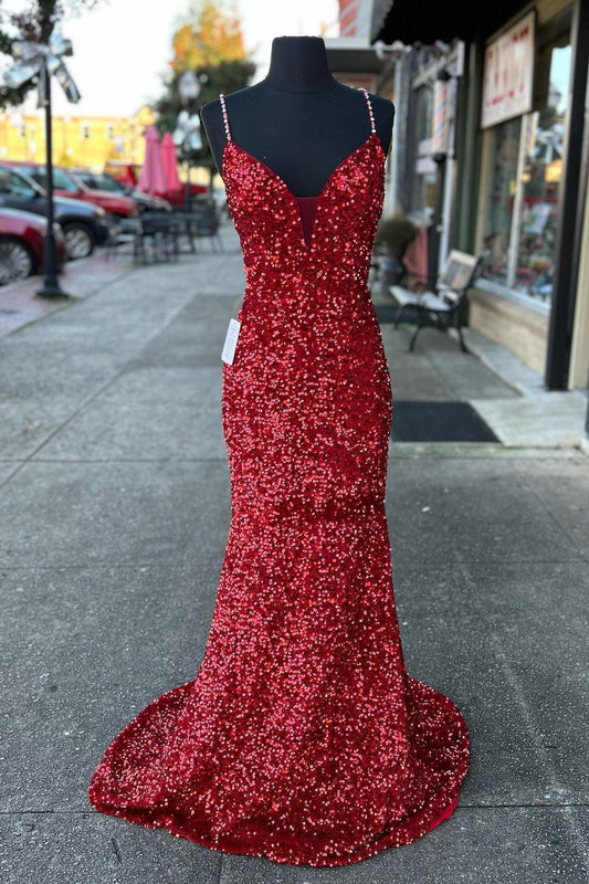 Glittery Mermaid Red Sequin V-Neck Lace-Up Back Prom Dress Gala Gown