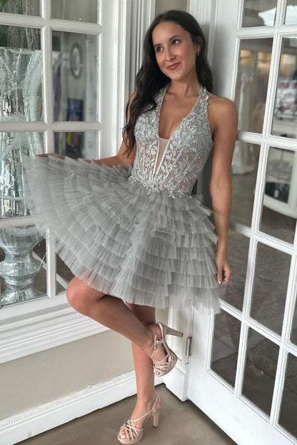 Royal Blue A-Line Halter Neck Short Tulle Homecoming Dress with Appliques Details