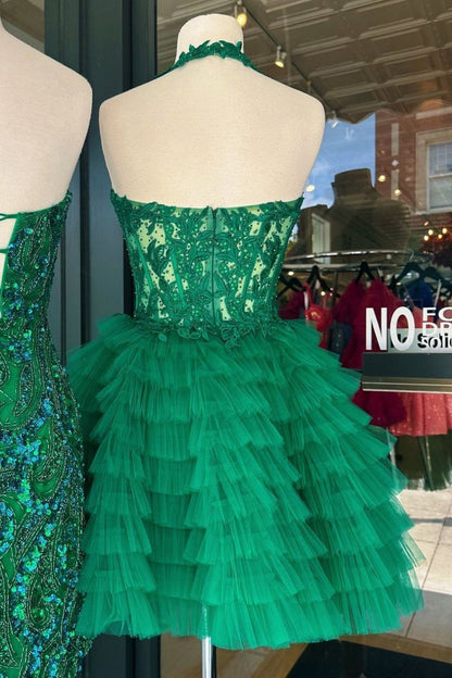 Royal Blue A-Line Halter Neck Short Tulle Homecoming Dress with Appliques Details