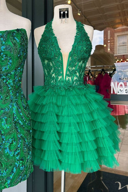 Royal Blue A-Line Halter Neck Short Tulle Homecoming Dress with Appliques Details