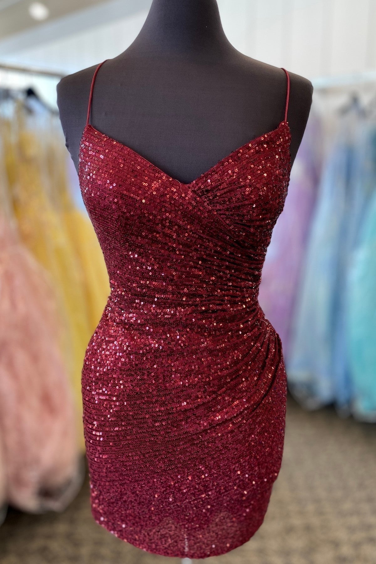 Ruched Golden Sequin Tight Short Prom Dress Cocktail Gown