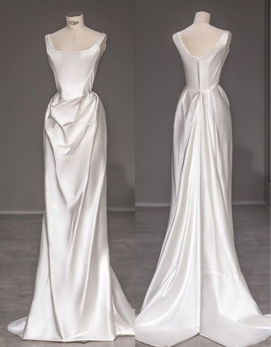 Fashion Mermaid Straps Long Prom Dress White Satin Wedding Dress SH1287