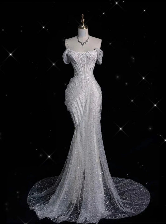 Elegant Sparkling Sequin Mermaid Design Off-the-shoulder Princess Wedding Dress TP4100