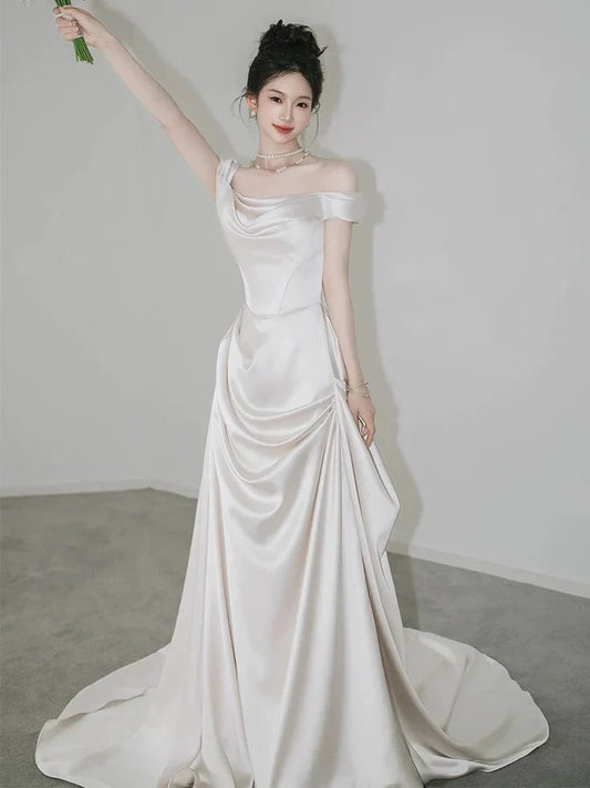 Retro Off-the-shoulder Floor Length Design Elegant Satin A-Line Wedding Dress TP4103