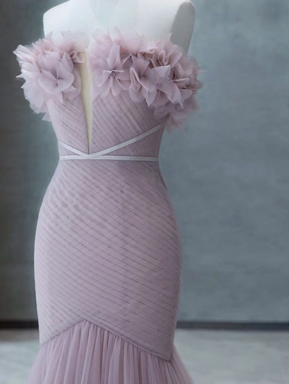 Strapless Pink Chiffon Creased Evening Dress Floor Length Mermaid Prom Dress With Sweep SH1014