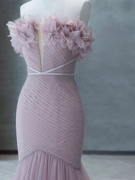 Strapless Pink Chiffon Creased Evening Dress Floor Length Mermaid Prom Dress With Sweep SH1014