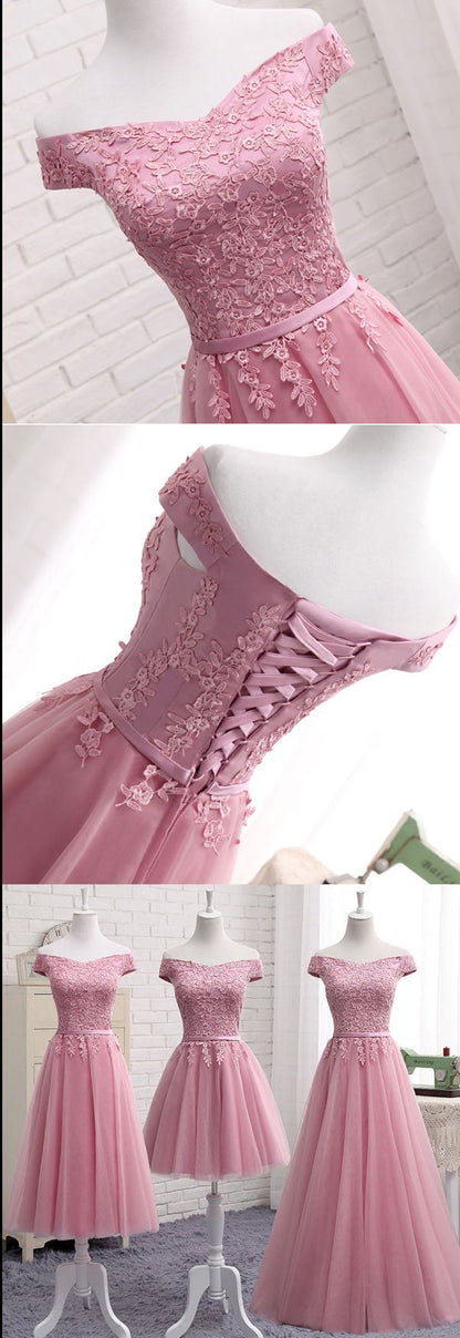 Pink A Line Lace Off Shoulder Prom Dress,Sexy Formal Dress