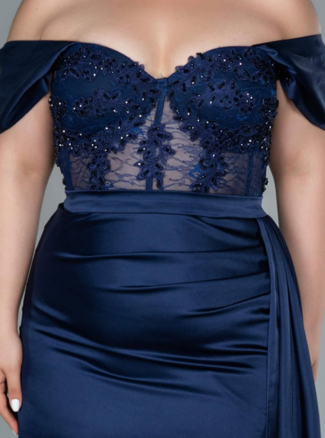 Off The Shoulder Navy Blue Satin Prom Dress  SH927