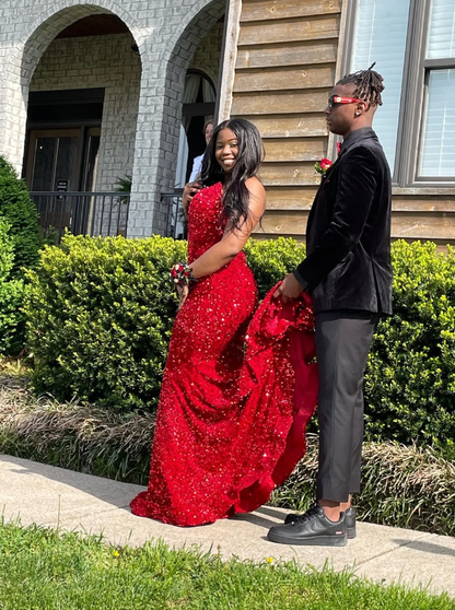 Red Strapless Sequin Mermaid Prom Dress Long Evening Dress SH934