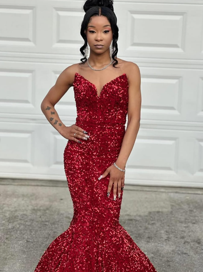 Red Strapless Sequin Mermaid Prom Dress Long Evening Dress SH934