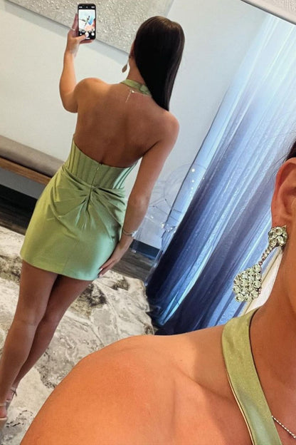 Short Sage Green Homecoming Dress in Mermaid Silhouette with Halter Neckline