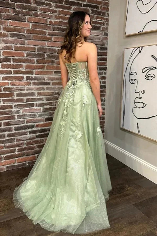 Sage Green Sweetheart Floral Lace Tulle Long Prom Dress Wp455