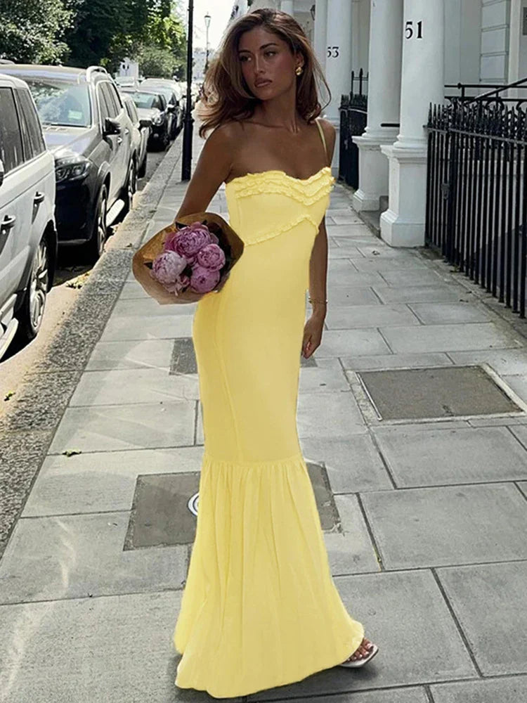 Yellow Fashion Tube Top Long Chiffon Elegant Ball Gown Evening Dress Wedding Guest Party Dress gh3326