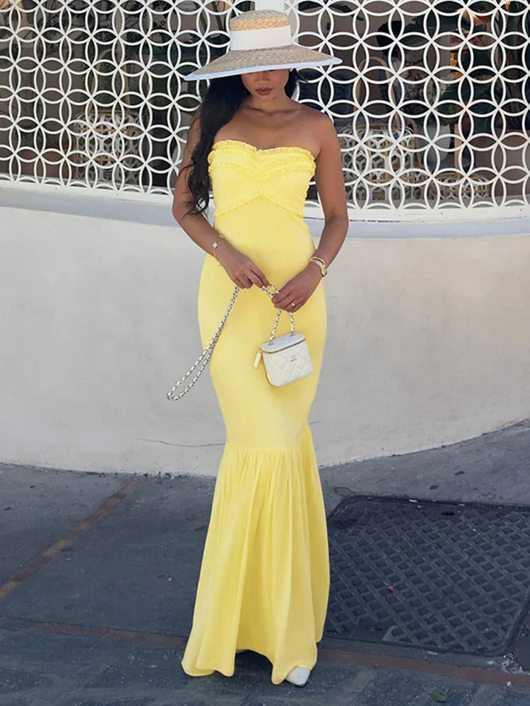 Yellow Fashion Tube Top Long Chiffon Elegant Ball Gown Evening Dress Wedding Guest Party Dress gh3326