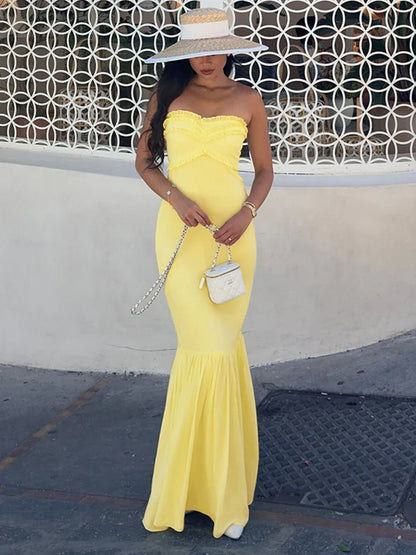 Yellow Fashion Tube Top Long Chiffon Elegant Ball Gown Evening Dress Wedding Guest Party Dress gh3326