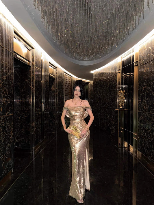 Sparkly Champagne Sequin Prom Dresses Mermaid Long Open Backs Maxi Gown with Slit