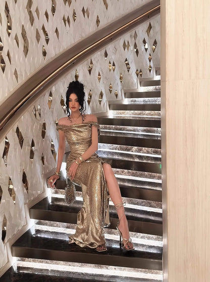 Sparkly Champagne Sequin Prom Dresses Mermaid Long Open Backs Maxi Gown with Slit