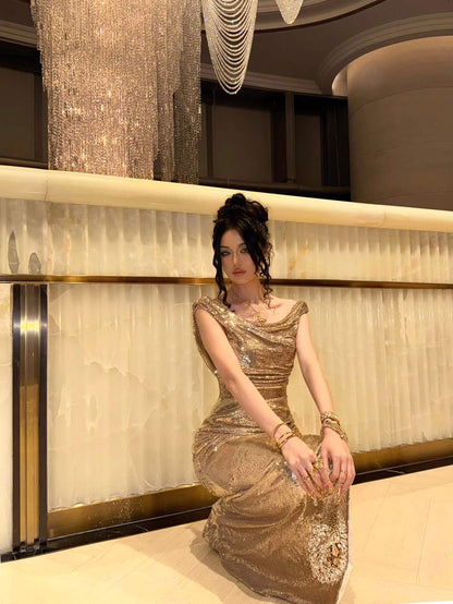 Sparkly Champagne Sequin Prom Dresses Mermaid Long Open Backs Maxi Gown with Slit