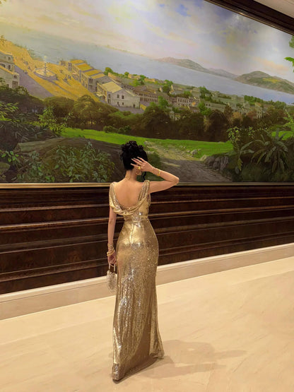 Sparkly Champagne Sequin Prom Dresses Mermaid Long Open Backs Maxi Gown with Slit