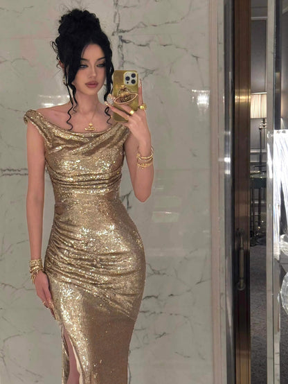 Sparkly Champagne Sequin Prom Dresses Mermaid Long Open Backs Maxi Gown with Slit