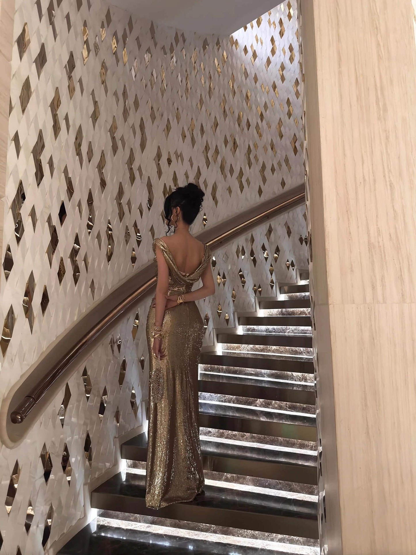 Sparkly Champagne Sequin Prom Dresses Mermaid Long Open Backs Maxi Gown with Slit