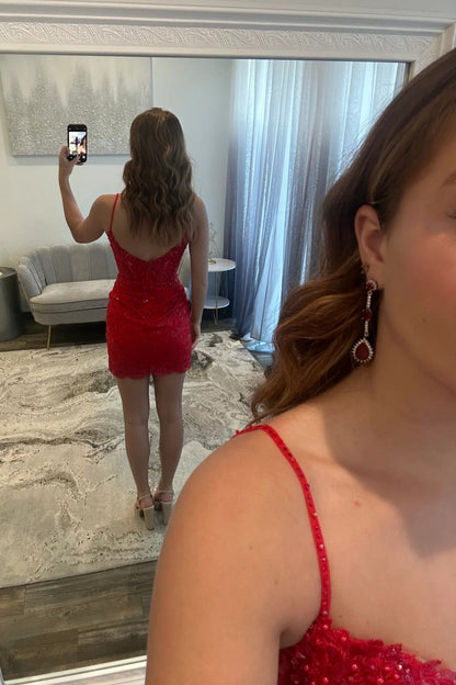 Sequin Lace Homecoming Dress with Spaghetti Straps and Keyhole Cutout