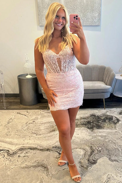 Sequin Lace Homecoming Dress with Spaghetti Straps and Keyhole Cutout