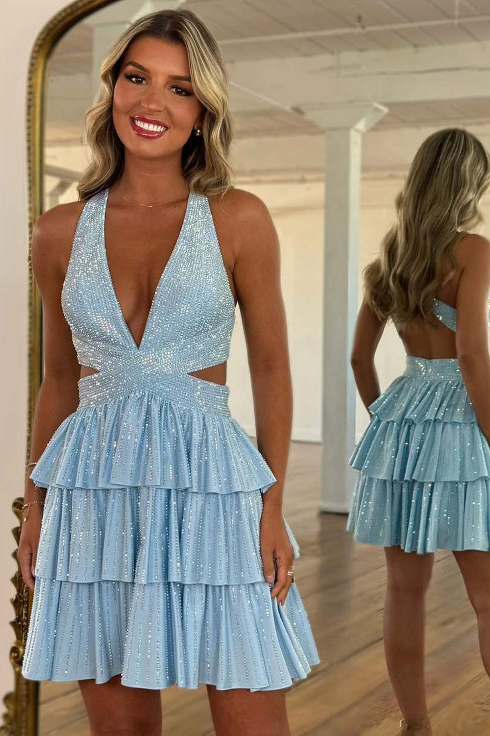 Sexy Deep V-Neck A-Line Cross Back Short Beaded Tiered Homecoming Dress