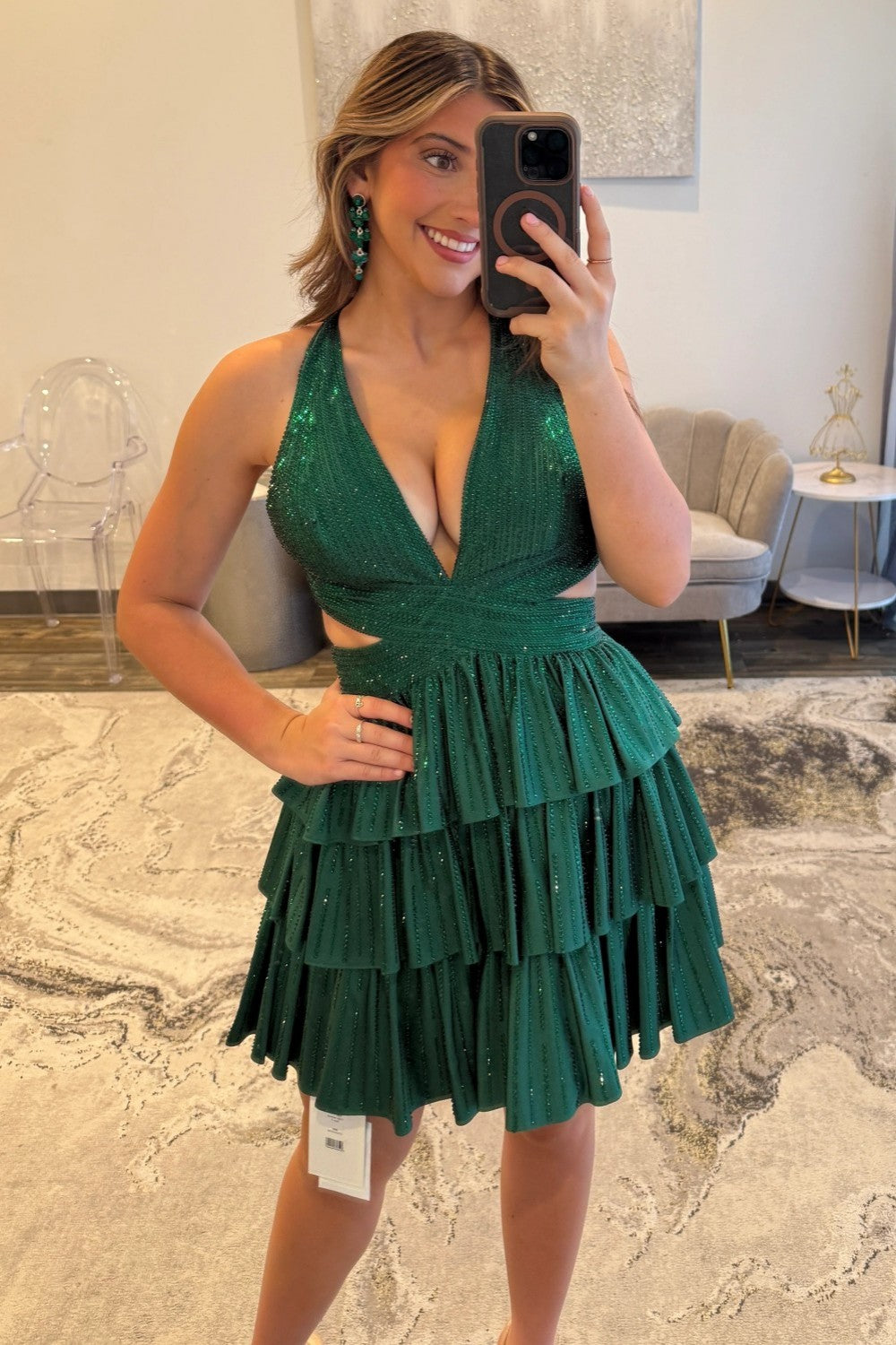 Sexy Deep V-Neck A-Line Cross Back Short Beaded Tiered Homecoming Dress