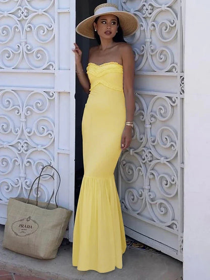 Yellow Fashion Tube Top Long Chiffon Elegant Ball Gown Evening Dress Wedding Guest Party Dress gh3326