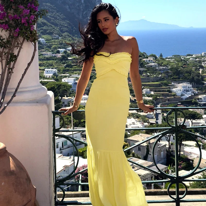 Yellow Fashion Tube Top Long Chiffon Elegant Ball Gown Evening Dress Wedding Guest Party Dress gh3326