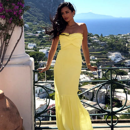 Yellow Fashion Tube Top Long Chiffon Elegant Ball Gown Evening Dress Wedding Guest Party Dress gh3326