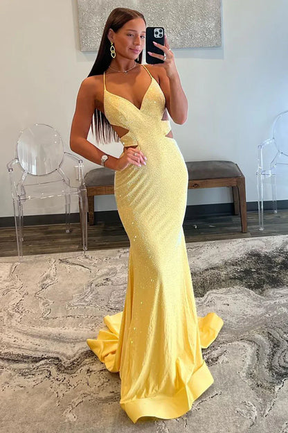 Yellow Mermaid Prom Dress with Cutout Waist Lace Up Corset and Beaded Details
