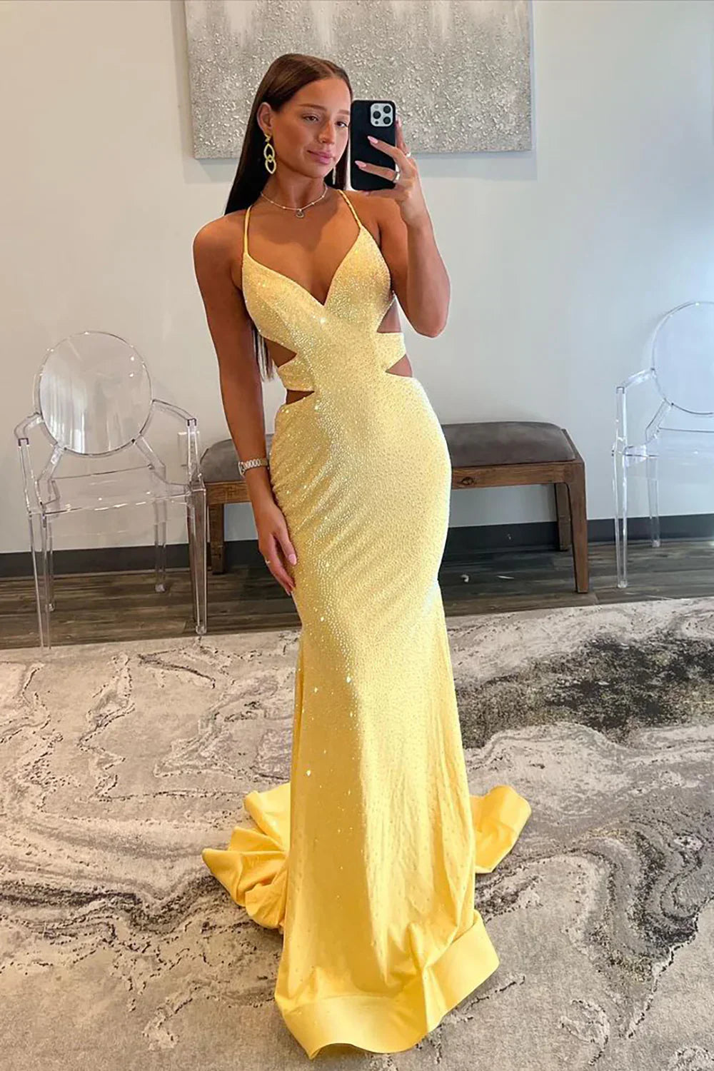 Yellow Mermaid Prom Dress with Cutout Waist Lace Up Corset and Beaded Details
