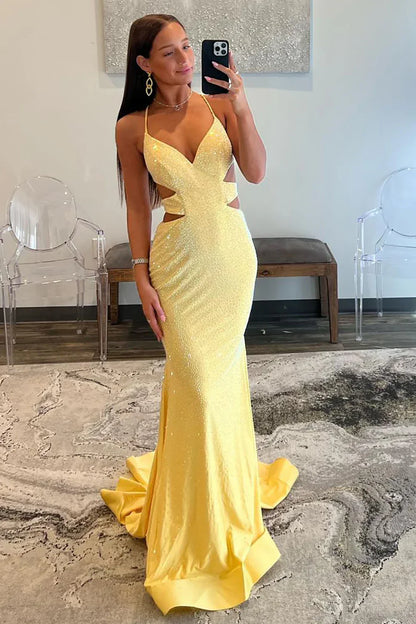 Yellow Mermaid Prom Dress with Cutout Waist Lace Up Corset and Beaded Details