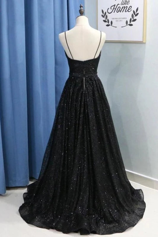Shiny Spaghetti Straps Prom Dress Black Prom Dress,WP120