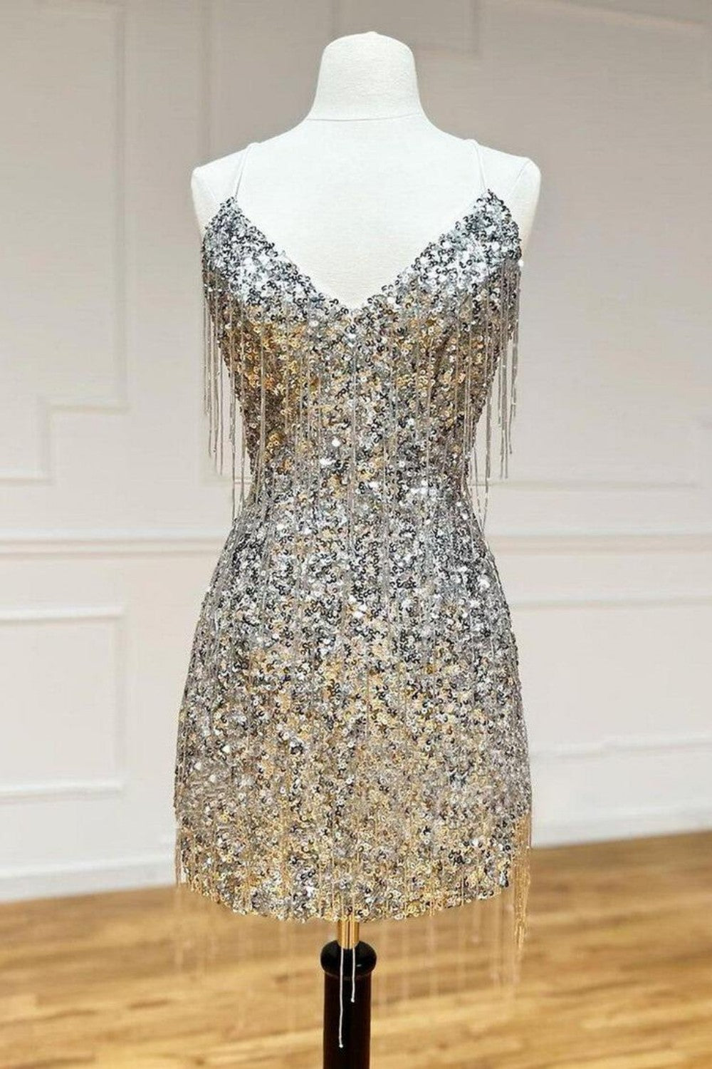Silver V-Neck Glitter Sequin Homecoming Dress with Fringe Details