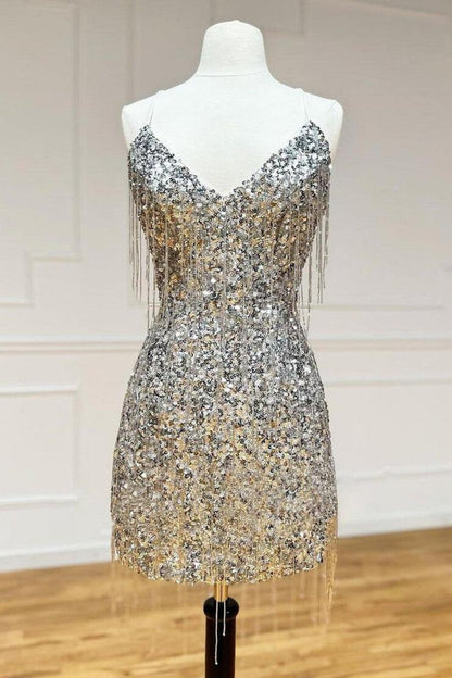 Silver V-Neck Glitter Sequin Homecoming Dress with Fringe Details