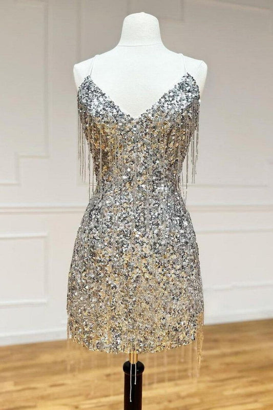 Silver V-Neck Glitter Sequin Homecoming Dress with Fringe Details