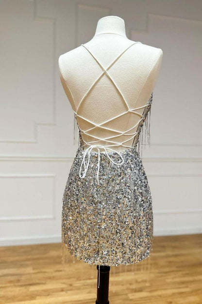 Silver V-Neck Glitter Sequin Homecoming Dress with Fringe Details