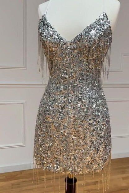 Silver V-Neck Glitter Sequin Homecoming Dress with Fringe Details