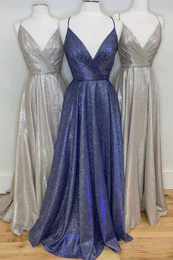 Sparkly A-line Spaghetti Straps Prom Dresses, Evening Dresses With Slit