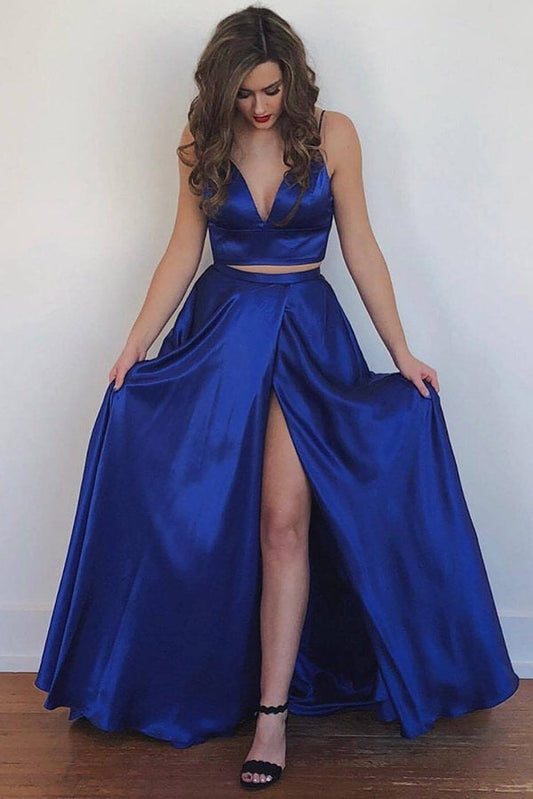 Cute Two Piece Floor Length Royal Blue Prom Dresses With Front Split