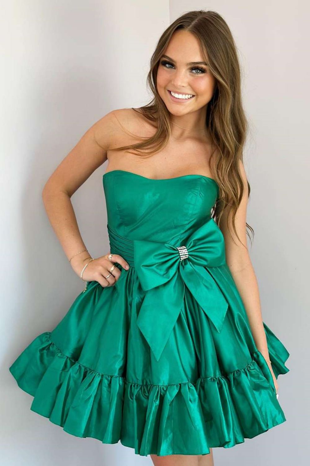 Simple Pink A-Line Strapless Homecoming Dress with Satin Fabric and Bowknot Detail