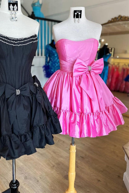 Simple Pink A-Line Strapless Homecoming Dress with Satin Fabric and Bowknot Detail