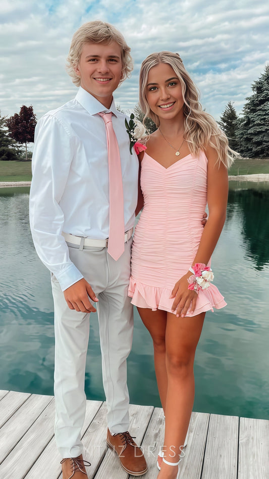 Spaghetti Straps Pink Homecoming Dresses Pleated Mini Hoco Dress,AST1851