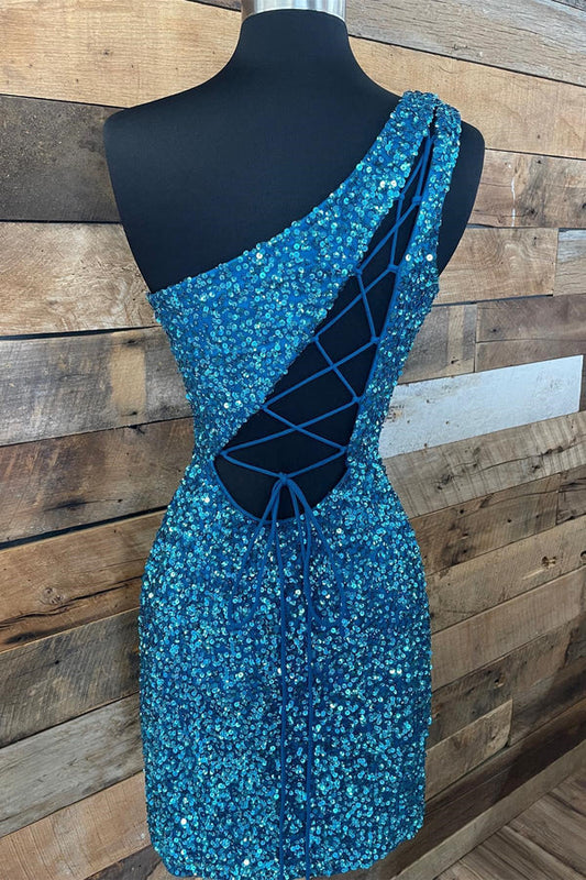 Sparkle Blue Sequined One-shoulder Dress Design A-line Short Bodycon Homecoming Dress TP3572