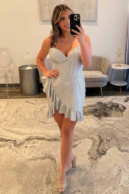 Sparkling Short Tight Homecoming Dress with Ruffle Hem and Sweetheart Neckline
